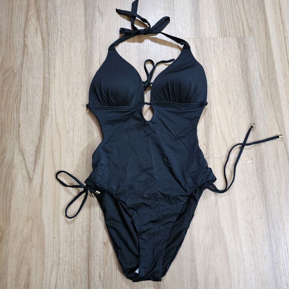 Bar III Women's Core Solids Halter Neck Plunge One Piece Swimsuit Black Small